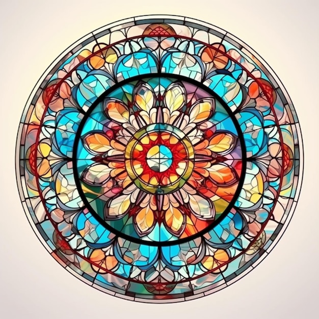 A close up of a stained glass window with a circular design generative ai