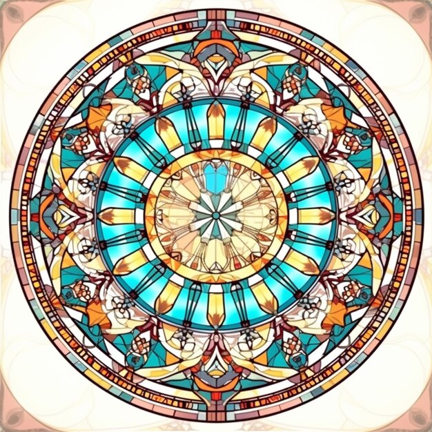 A close up of a stained glass window with a clock in the center generative ai