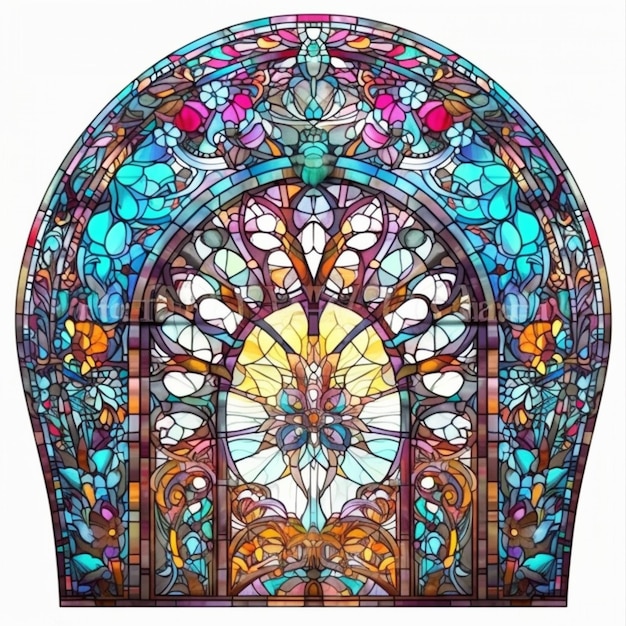 A close up of a stained glass window with a cross on it generative ai