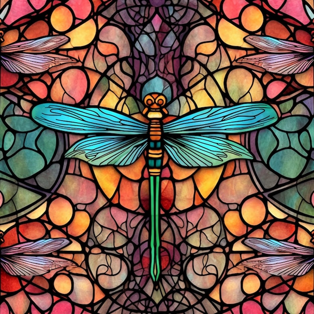 A close up of a stained glass window with a dragonfly generative ai