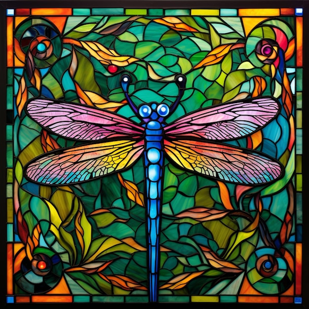 a close up of a stained glass window with a dragonfly generative ai