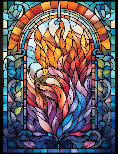 A close up of a stained glass window with a fire in it generative ai