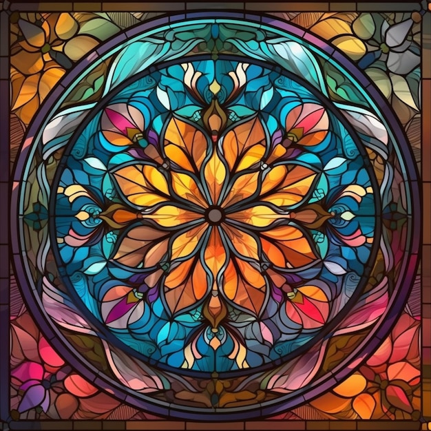 A close up of a stained glass window with a flower design generative ai