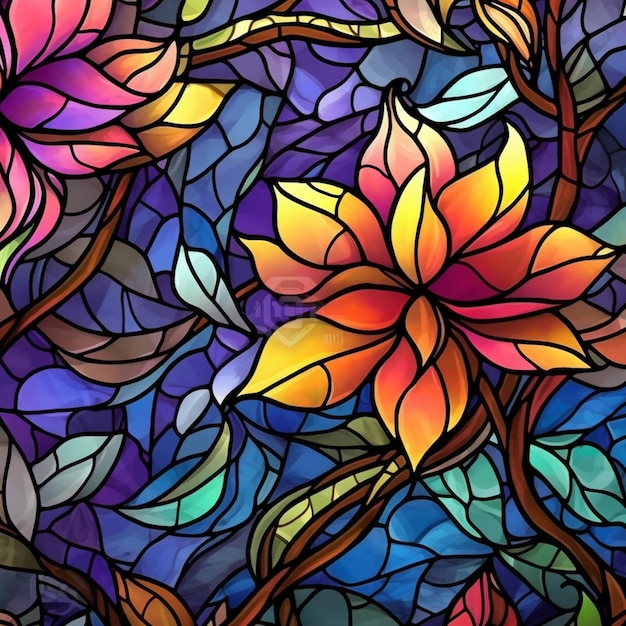 A close up of a stained glass window with a flower generative ai