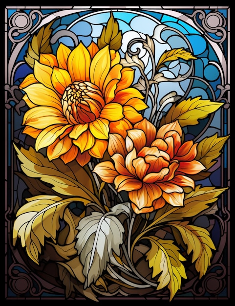 A close up of a stained glass window with flowers and leaves generative ai