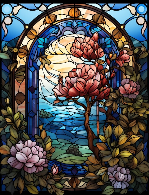 A close up of a stained glass window with flowers and a tree generative ai