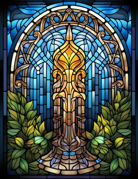 A close up of a stained glass window with a fountain generative ai