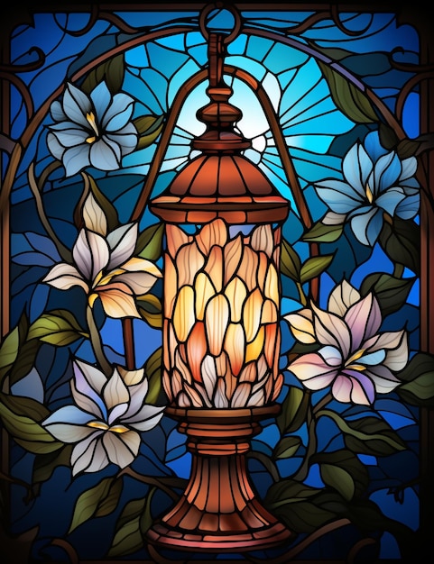 A close up of a stained glass window with a lamp generative ai