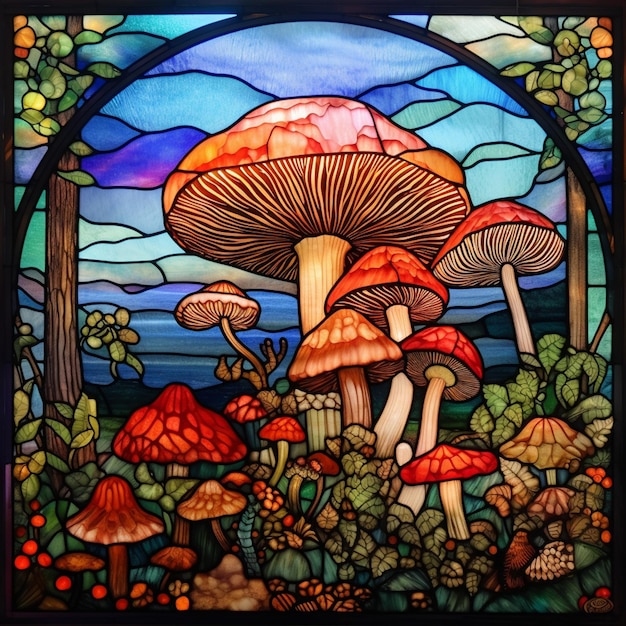 A close up of a stained glass window with a mushroom and other mushrooms generative ai