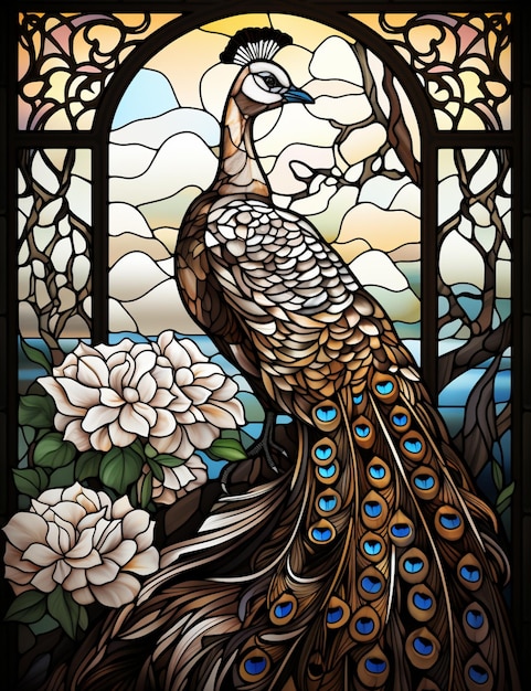 A close up of a stained glass window with a peacock on it generative ai