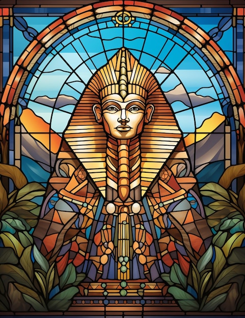 A close up of a stained glass window with a pharaoh face generative ai