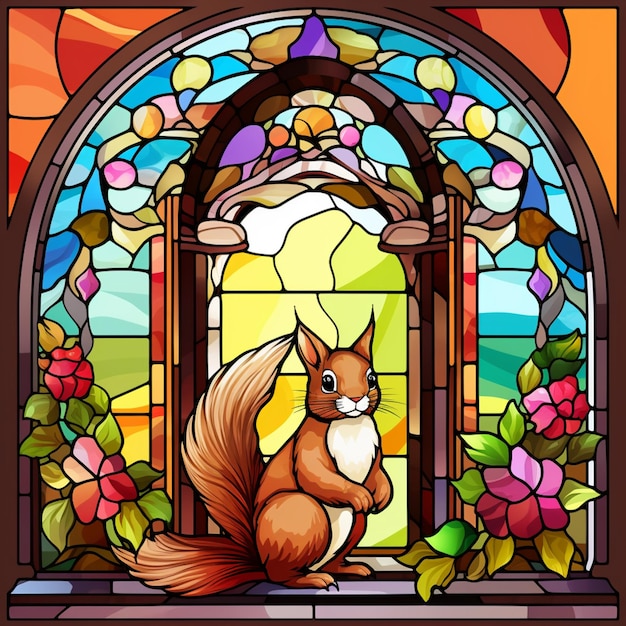 a close up of a stained glass window with a squirrel generative ai