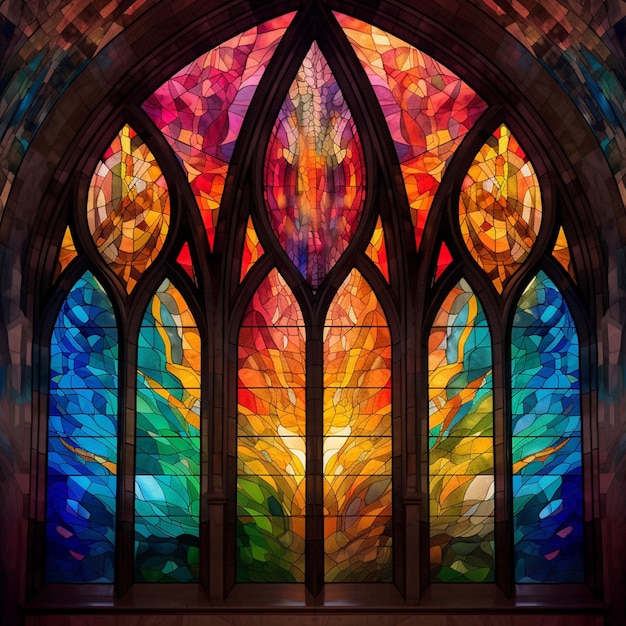 A close up of a stained glass window with a sun in the background generative ai