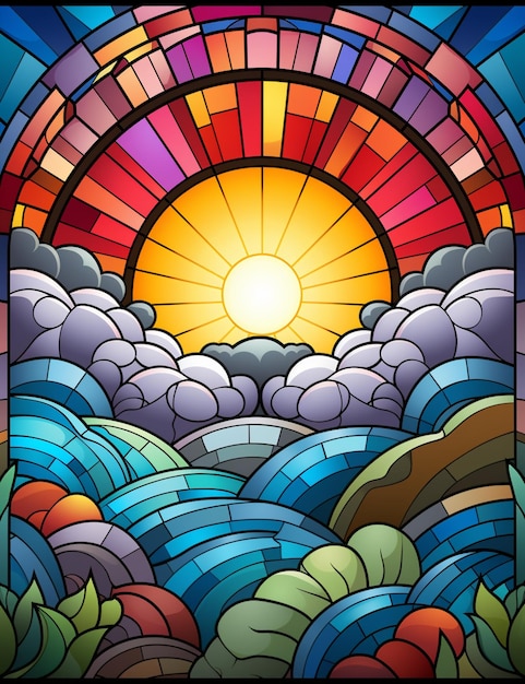 A close up of a stained glass window with a sun in the sky generative ai