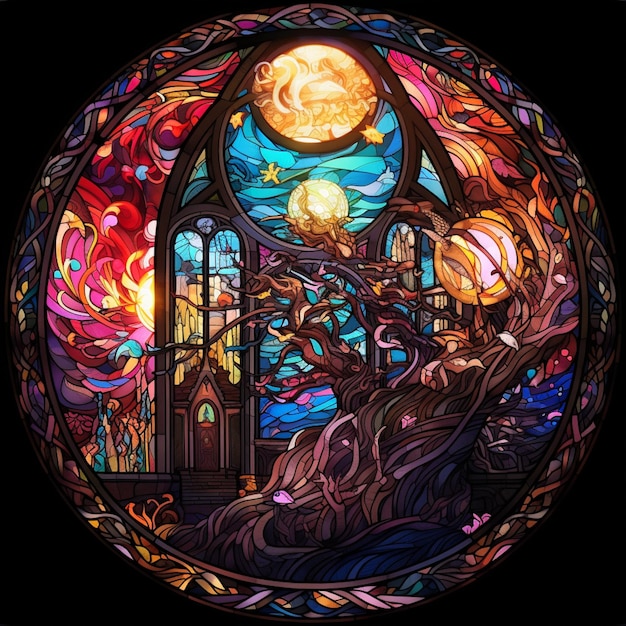 A close up of a stained glass window with a tree and moon generative ai