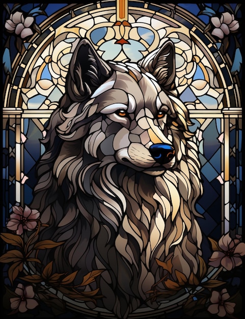 A close up of a stained glass window with a wolf generative ai