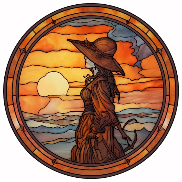 A close up of a stained glass window with a woman in a hat generative ai