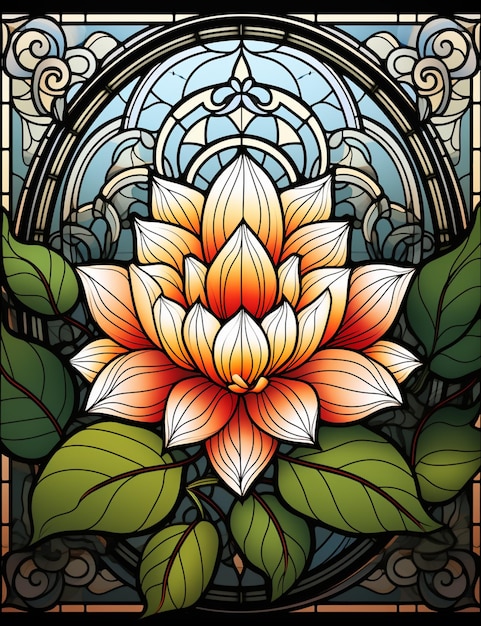 A close up of a stained glass with a flower in it generative ai