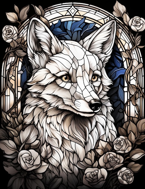 A close up of a stained glass with a wolf and roses generative ai