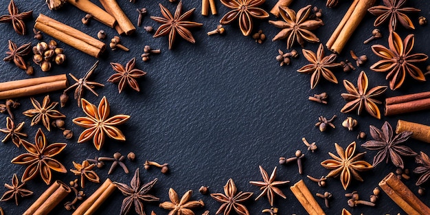 Close up of star anise cinnamon sticks and cloves arranged in a circle on a black surface