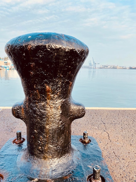 Photo close-up of statue by lake against sky