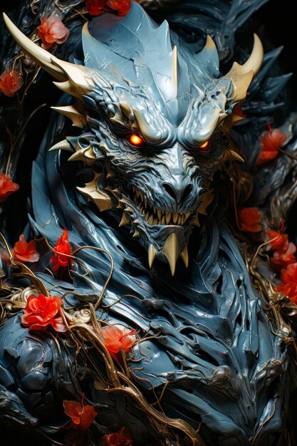 Photo close up of statue of demon with red eyes generative ai