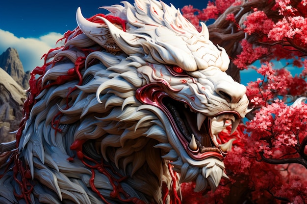 Close up of statue of dragon with its mouth open Generative AI