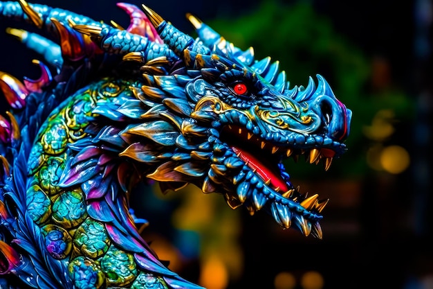 Close up of statue of dragon with red eyes and horns Generative AI