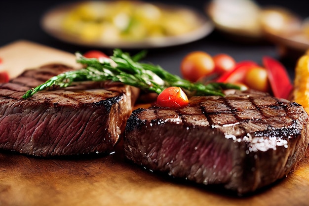 A close up of a steak on a cutting board generative AI