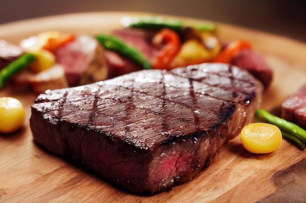 A close up of a steak on a plate with asparagus generative AI