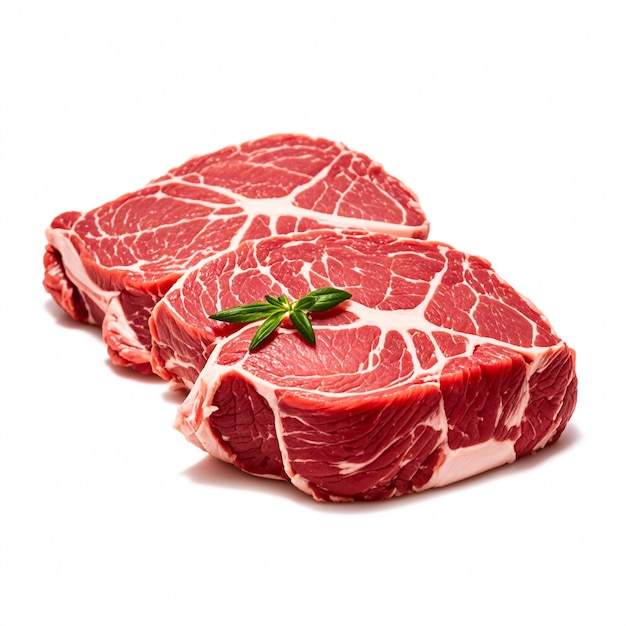 a close up of a steak with a green leaf on the side