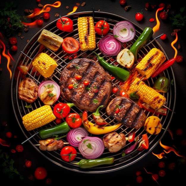 A close up of steaks cooking on a bbq grill with blazing fire flame at a Summer Barbeque