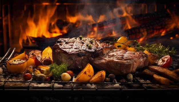 A close up of steaks cooking on a bbq grill with blazing fire flame at a Summer Barbeque