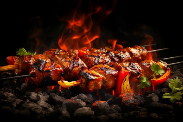 A close up of steaks cooking on a bbq grill with blazing fire flame at a Summer Barbeque