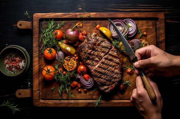 A close up of steaks cooking on a bbq grill with blazing fire flame at a Summer Barbeque