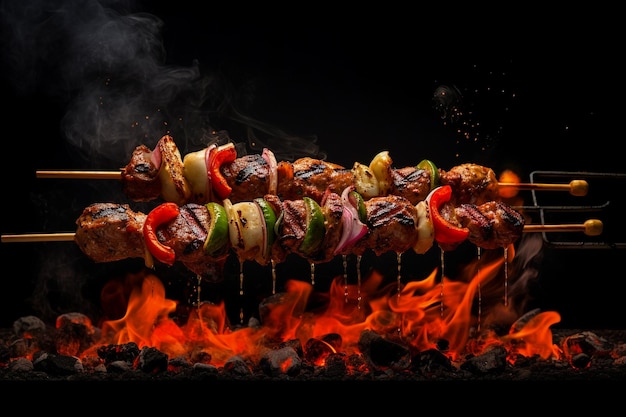 A close up of steaks cooking on a bbq grill with blazing fire flame at a Summer Barbeque