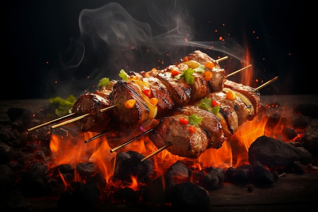 A close up of steaks cooking on a bbq grill with blazing fire flame at a Summer Barbeque