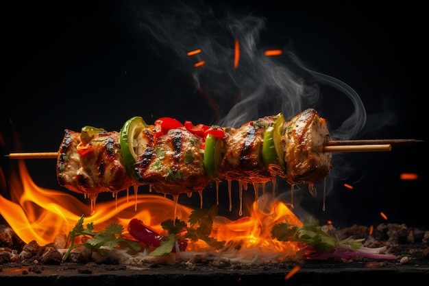 A close up of steaks cooking on a bbq grill with blazing fire flame at a Summer Barbeque