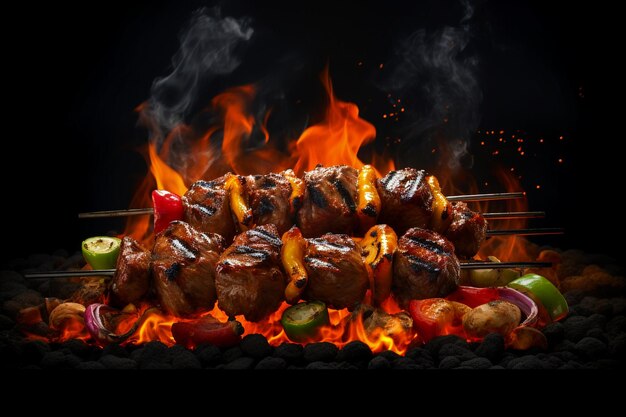 A close up of steaks cooking on a bbq grill with blazing fire flame at a Summer Barbeque