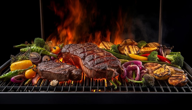 A close up of steaks cooking on a bbq grill with blazing fire flame at a Summer Barbeque