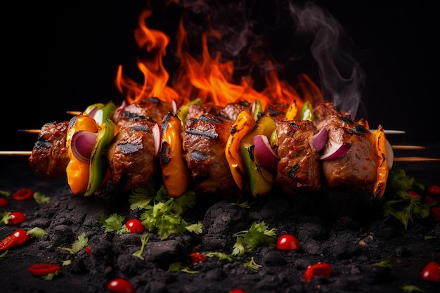 A close up of steaks cooking on a bbq grill with blazing fire flame at a Summer Barbeque