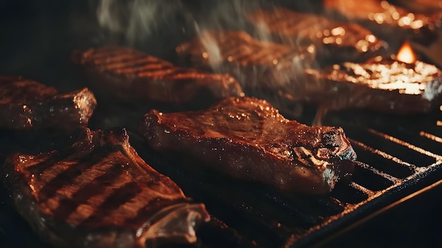 Photo close up of steaks cooking on a grill