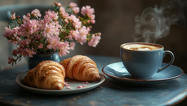 Close up of steaming coffee croissants and pink flowers on a blue table