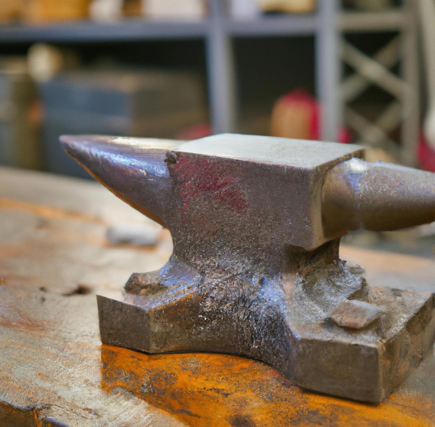 Close up of steel anvil lying on table in workshop