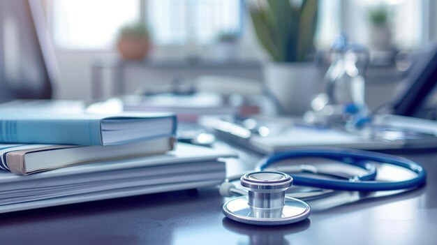 Close up Stethoscope on doctor office desk with book medical on blurred background