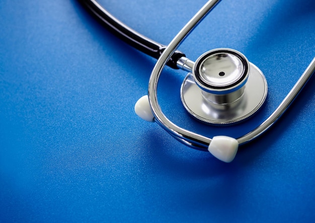 Close up stethoscope isolated on blue background with copy space top view Healthcare and medical concept