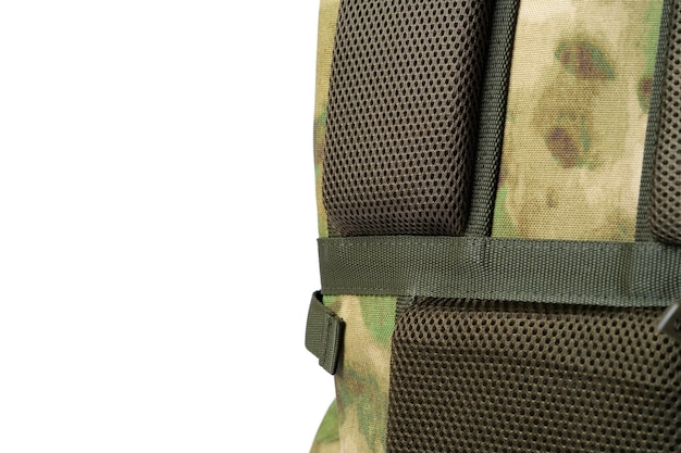 Close up still life of a green army tactical backpack