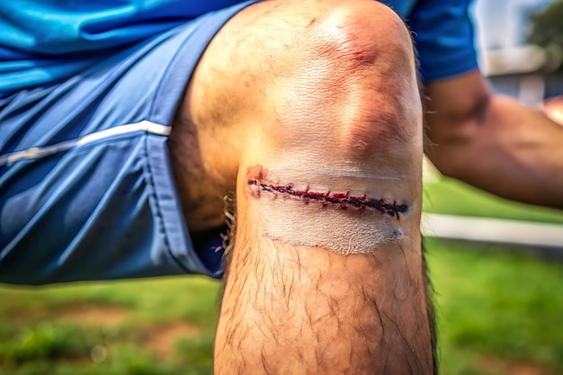 Close up of stitched wound on knee after a sports injury