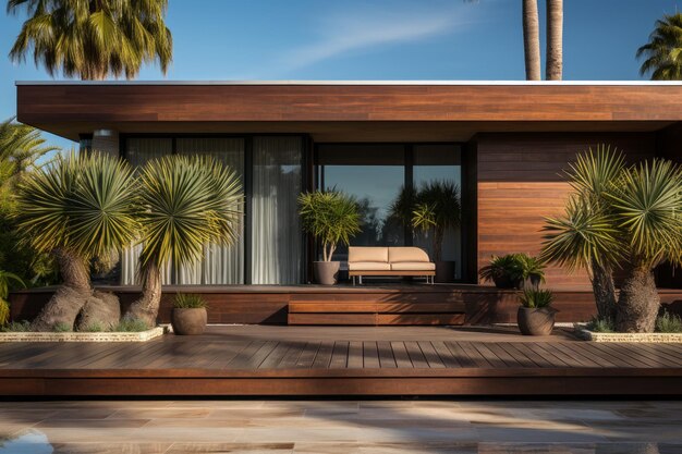 A close up stock photo of a an attractive modern house with palm trees