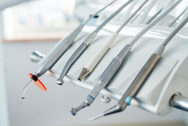 Close up of stomatological instrument Empty modern dental work in clinic